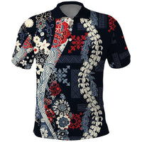 Hawaii Puakenikeni and Maile Lei Polo Shirt Navy Blue Japanese Wave Style - Polynesian Pride