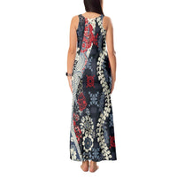 Hawaii Puakenikeni and Maile Lei Tank Maxi Dress Navy Blue Japanese Wave Style - Polynesian Pride