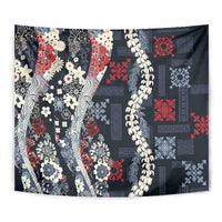Hawaii Puakenikeni and Maile Lei Tapestry Navy Blue Japanese Wave Style - Polynesian Pride