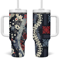 Hawaii Puakenikeni and Maile Lei Tumbler With Handle Navy Blue Japanese Wave Style - Polynesian Pride
