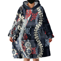 Hawaii Puakenikeni and Maile Lei Wearable Blanket Hoodie Navy Blue Japanese Wave Style - Polynesian Pride