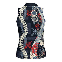 Hawaii Puakenikeni and Maile Lei Women Sleeveless Polo Shirt Navy Blue Japanese Wave Style - Polynesian Pride