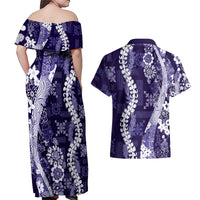 Hawaii Puakenikeni and Maile Lei Couples Matching Off Shoulder Maxi Dress and Hawaiian Shirt Purple Japanese Wave Style - Polynesian Pride