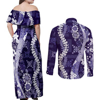 Hawaii Puakenikeni and Maile Lei Couples Matching Off Shoulder Maxi Dress and Long Sleeve Button Shirt Purple Japanese Wave Style - Polynesian Pride