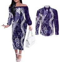Hawaii Puakenikeni and Maile Lei Couples Matching Off The Shoulder Long Sleeve Dress and Long Sleeve Button Shirt Purple Japanese Wave Style - Polynesian Pride