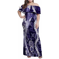 Hawaii Puakenikeni and Maile Lei Family Matching Off Shoulder Maxi Dress and Hawaiian Shirt Purple Japanese Wave Style - Polynesian Pride