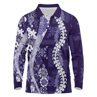 Hawaii Puakenikeni and Maile Lei Long Sleeve Polo Shirt Purple Japanese Wave Style - Polynesian Pride