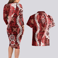 Hawaii Puakenikeni and Maile Lei Couples Matching Long Sleeve Bodycon Dress and Hawaiian Shirt Red Japanese Wave Style - Polynesian Pride