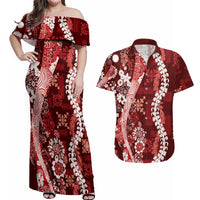Hawaii Puakenikeni and Maile Lei Couples Matching Off Shoulder Maxi Dress and Hawaiian Shirt Red Japanese Wave Style - Polynesian Pride