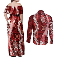 Hawaii Puakenikeni and Maile Lei Couples Matching Off Shoulder Maxi Dress and Long Sleeve Button Shirt Red Japanese Wave Style - Polynesian Pride