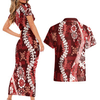 Hawaii Puakenikeni and Maile Lei Couples Matching Short Sleeve Bodycon Dress and Hawaiian Shirt Red Japanese Wave Style - Polynesian Pride