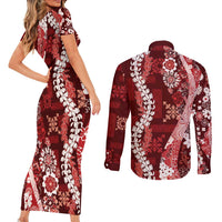 Hawaii Puakenikeni and Maile Lei Couples Matching Short Sleeve Bodycon Dress and Long Sleeve Button Shirt Red Japanese Wave Style - Polynesian Pride