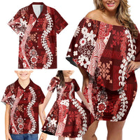 Hawaii Puakenikeni and Maile Lei Family Matching Off Shoulder Short Dress and Hawaiian Shirt Red Japanese Wave Style - Polynesian Pride