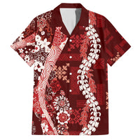 Hawaii Puakenikeni and Maile Lei Family Matching Off Shoulder Short Dress and Hawaiian Shirt Red Japanese Wave Style - Polynesian Pride
