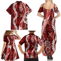 Hawaii Puakenikeni and Maile Lei Family Matching Summer Maxi Dress and Hawaiian Shirt Red Japanese Wave Style - Polynesian Pride