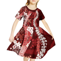 Hawaii Puakenikeni and Maile Lei Kid Short Sleeve Dress Red Japanese Wave Style - Polynesian Pride