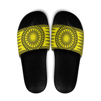 All Yellow Tonga Malo e lelei Slide Sandals Vintage Ngatu Tribal Pattern - Polynesian Pride