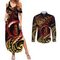 New Zealand Couples Matching Summer Maxi Dress and Long Sleeve Button Shirts Aotearoa Manaia Maori Fern Tattoo Arty LT9 Reggae - Polynesian Pride