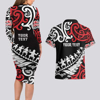 Honour The Treaty New Zealand Personalised Couples Matching Long Sleeve Bodycon Dress and Hawaiian Shirt Toitu Te Tiriti Half Fern with Haka dance