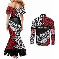 Honour The Treaty New Zealand Personalised Couples Matching Mermaid Dress and Long Sleeve Button Shirt Toitu Te Tiriti Half Fern with Haka dance