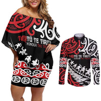 Honour The Treaty New Zealand Personalised Couples Matching Off Shoulder Short Dress and Long Sleeve Button Shirt Toitu Te Tiriti Half Fern with Haka dance