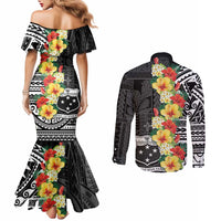 Samoa Tribal Hibiscus Flowers Couples Matching Mermaid Dress and Long Sleeve Button Shirt