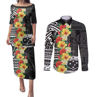 Samoa Tribal Hibiscus Flowers Couples Matching Puletasi and Long Sleeve Button Shirt