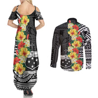 Samoa Tribal Hibiscus Flowers Couples Matching Summer Maxi Dress and Long Sleeve Button Shirt