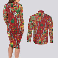 Mele Kalikimaka Pakalana Pikake Lei Couples Matching Long Sleeve Bodycon Dress and Long Sleeve Button Shirt Hawaiian Rodeo Paniolo Omaomao Palaka - Polynesian Pride