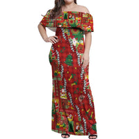 Mele Kalikimaka Pakalana Pikake Lei Off Shoulder Maxi Dress Hawaiian Rodeo Paniolo Omaomao Palaka - Polynesian Pride