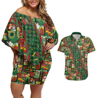 Mele Kalikimaka Pakalana Pikake Lei Couples Matching Off Shoulder Short Dress and Hawaiian Shirt Hawaiian Rodeo Paniolo Ulaula Palaka LT9 Red - Polynesian Pride