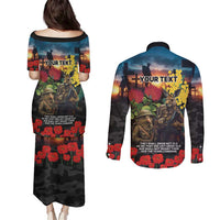 Kangaroo-Kiwi Soldier ANZAC Personalised Couples Matching Puletasi and Long Sleeve Button Shirt Golden Wattle and Pohutukawa Flowers LT9 - Polynesian Pride