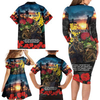 Kangaroo-Kiwi Soldier ANZAC Personalised Family Matching Long Sleeve Bodycon Dress and Hawaiian Shirt Golden Wattle and Pohutukawa Flowers LT9 - Polynesian Pride