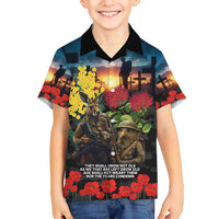 Kangaroo-Kiwi Soldier ANZAC Personalised Family Matching Long Sleeve Bodycon Dress and Hawaiian Shirt Golden Wattle and Pohutukawa Flowers LT9 Son's Shirt Black - Polynesian Pride