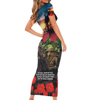 Kangaroo-Kiwi Soldier ANZAC Personalised Family Matching Short Sleeve Bodycon Dress and Hawaiian Shirt Golden Wattle and Pohutukawa Flowers LT9 - Polynesian Pride