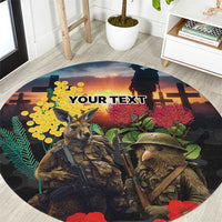 Kangaroo-Kiwi Soldier ANZAC Personalised Round Carpet Golden Wattle and Pohutukawa Flowers