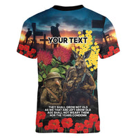 Kangaroo-Kiwi Soldier ANZAC Personalised Women V-Neck T-Shirt Golden Wattle and Pohutukawa Flowers LT9 - Polynesian Pride