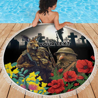 Kangaroo-Kiwi Soldier ANZAC Personalised Beach Blanket Golden Wattle Poppy Flowers