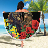 Kangaroo-Kiwi Soldier ANZAC Personalised Beach Blanket Golden Wattle Poppy Flowers