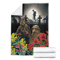 Kangaroo-Kiwi Soldier ANZAC Personalised Blanket Golden Wattle Poppy Flowers