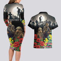 Kangaroo-Kiwi Soldier ANZAC Personalised Couples Matching Long Sleeve Bodycon Dress and Hawaiian Shirt Golden Wattle Poppy Flowers LT9 - Polynesian Pride