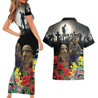 Kangaroo-Kiwi Soldier ANZAC Personalised Couples Matching Short Sleeve Bodycon Dress and Hawaiian Shirt Golden Wattle Poppy Flowers LT9 - Polynesian Pride