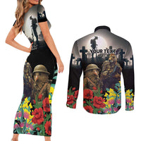 Kangaroo-Kiwi Soldier ANZAC Personalised Couples Matching Short Sleeve Bodycon Dress and Long Sleeve Button Shirt Golden Wattle Poppy Flowers LT9 - Polynesian Pride