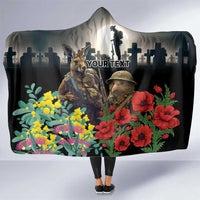 Kangaroo-Kiwi Soldier ANZAC Personalised Hooded Blanket Golden Wattle Poppy Flowers