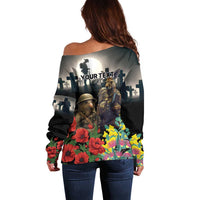 Kangaroo-Kiwi Soldier ANZAC Personalised Off Shoulder Sweater Golden Wattle Poppy Flowers