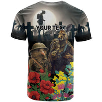 Kangaroo-Kiwi Soldier ANZAC Personalised T Shirt Golden Wattle Poppy Flowers