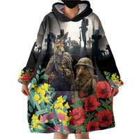 Kangaroo-Kiwi Soldier ANZAC Personalised Wearable Blanket Hoodie Golden Wattle Poppy Flowers