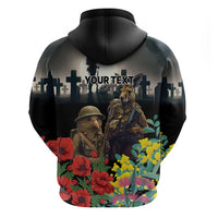 Kangaroo-Kiwi Soldier ANZAC Personalised Zip Hoodie Golden Wattle Poppy Flowers LT9 - Polynesian Pride