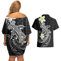 Aloha Hammerhead Shark Couples Matching Off Shoulder Short Dress and Hawaiian Shirt Black Hawaiian Kakau Tribal Tattoo