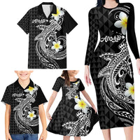 Aloha Hammerhead Shark Family Matching Long Sleeve Bodycon Dress and Hawaiian Shirt Black Hawaiian Kakau Tribal Tattoo